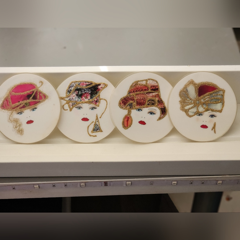 Vintage Style Decorative Coasters with Raised Hat Designs.